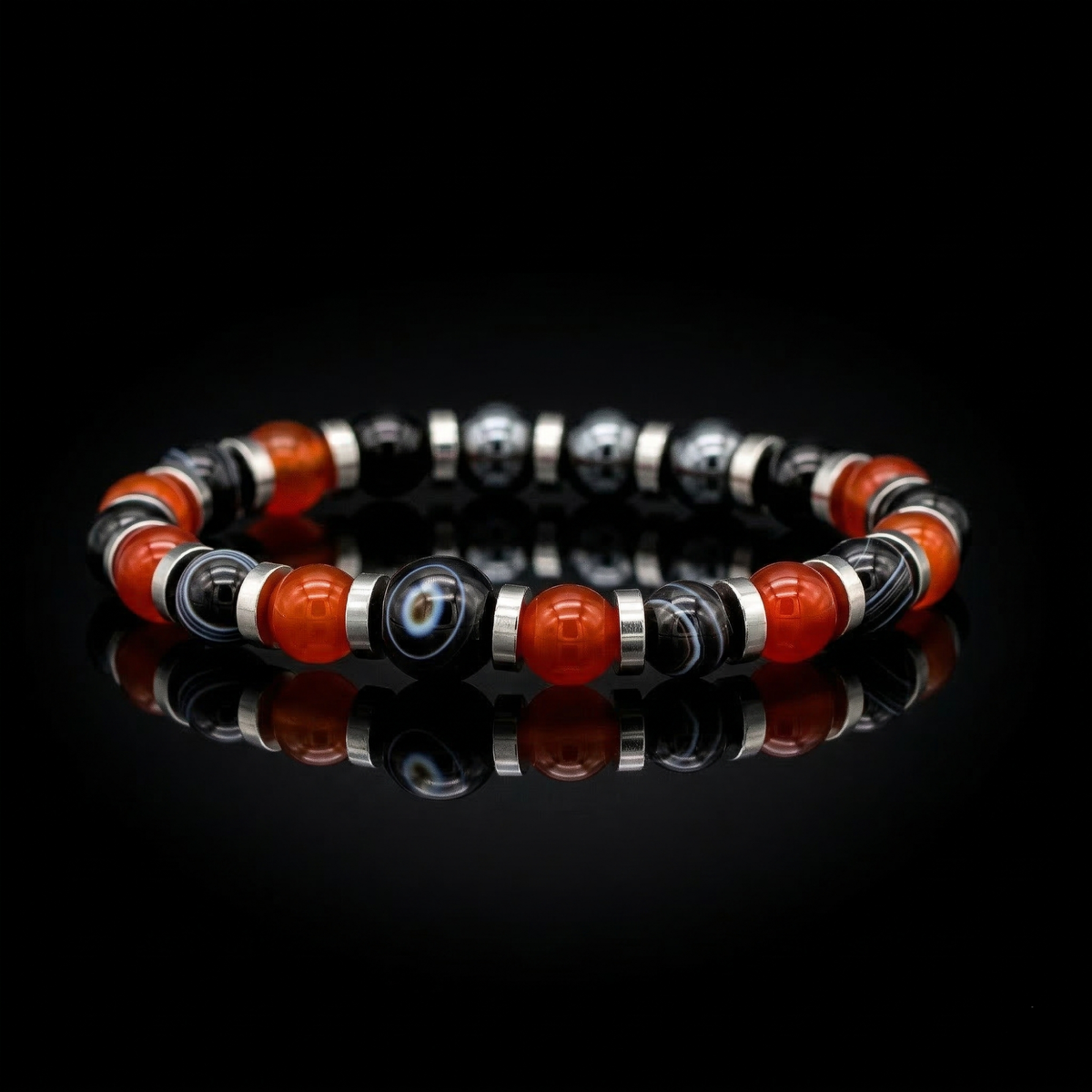 Men's Family Harmony Bracelet: Eye Agate, Hematite, Carnelian and Silver