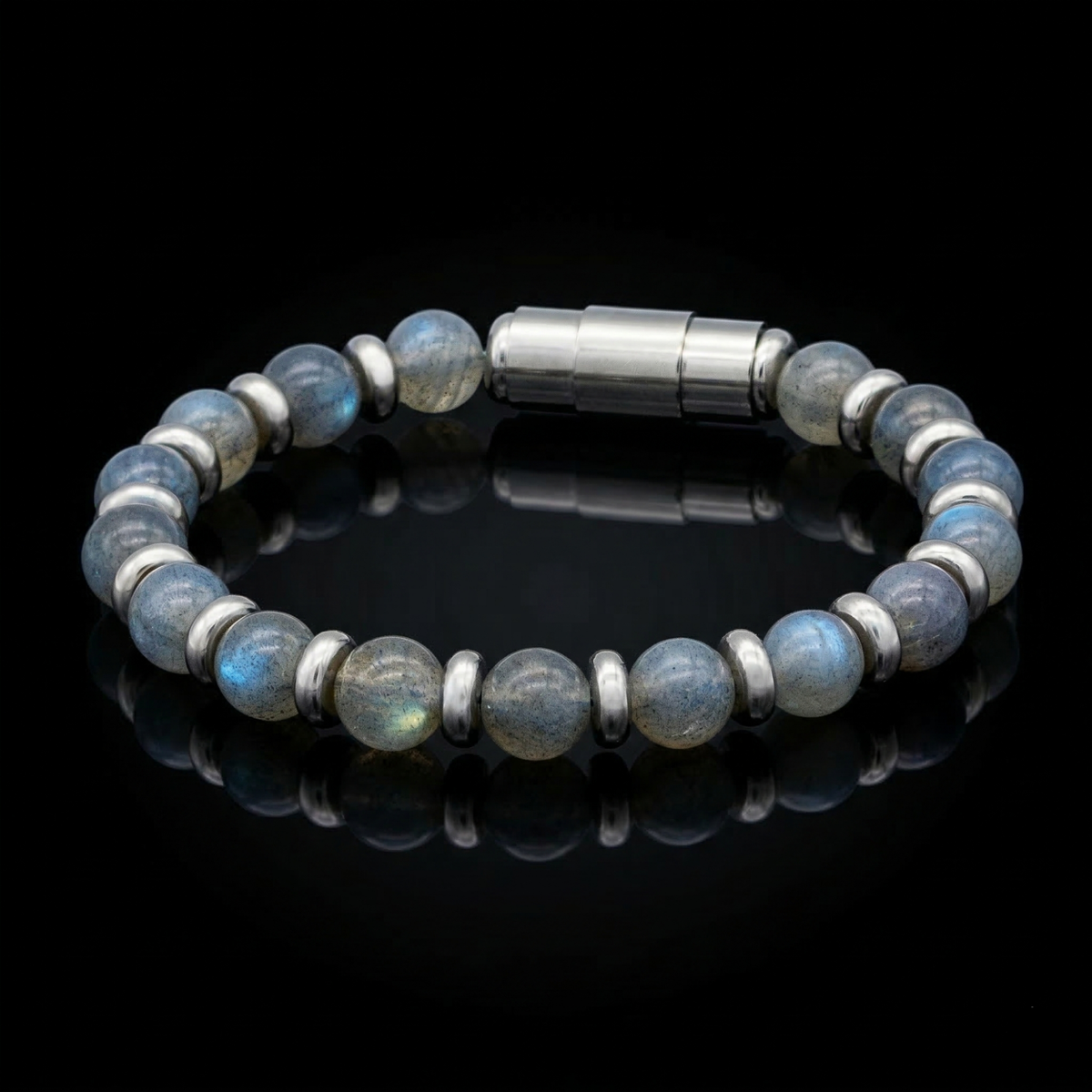 Men's labradorite bracelet with silver spacers and magnetic clasp on white background