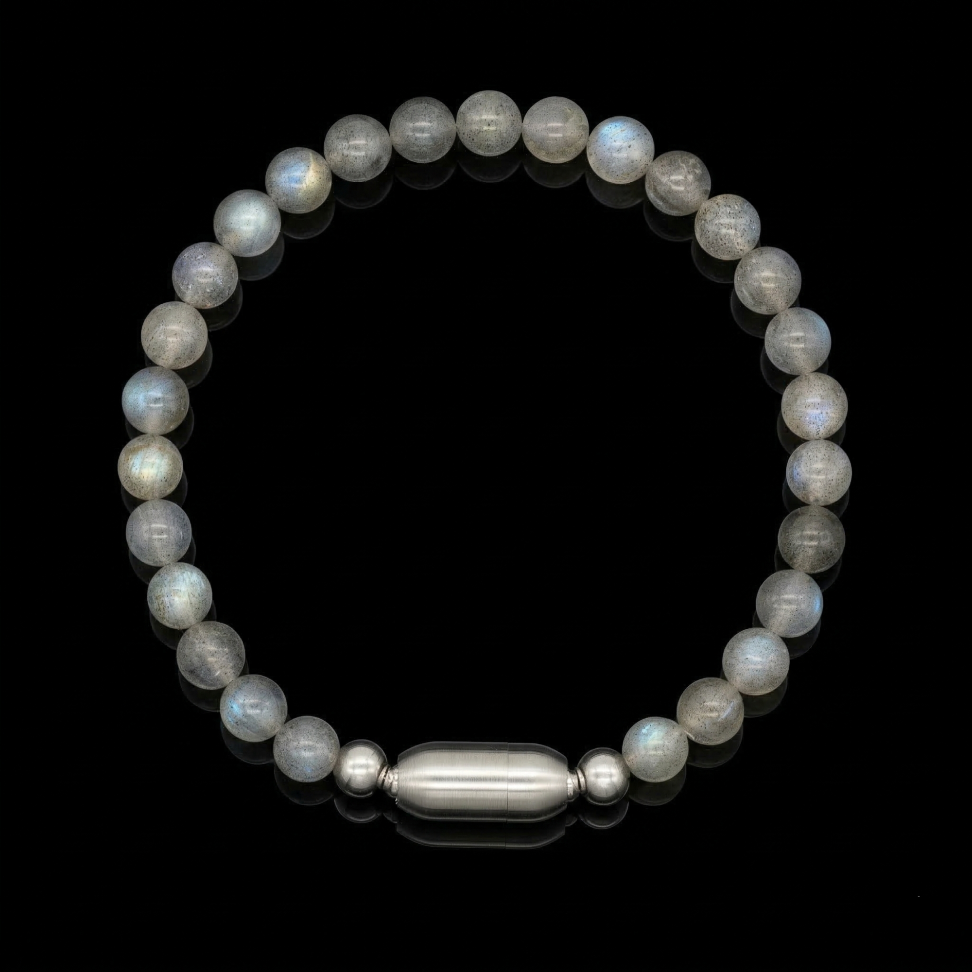 Side angle of labradorite men's bracelet showing iridescent beads and steel clasp