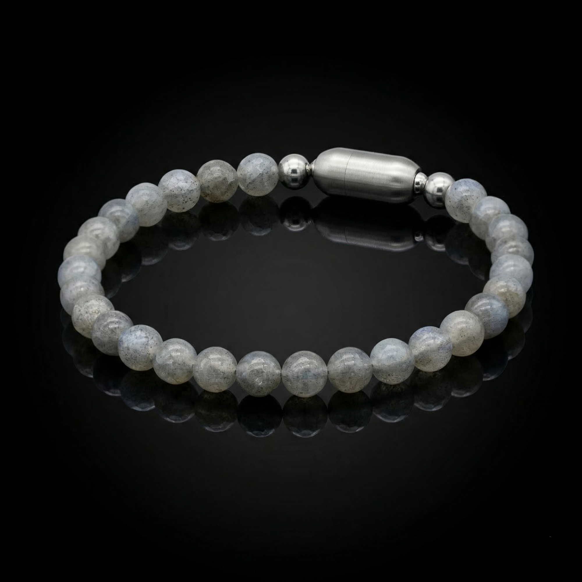Men's labradorite bracelet with matte magnetic clasp on white background