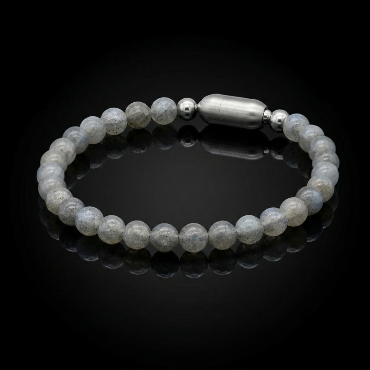 Men's labradorite bracelet with matte magnetic clasp on white background