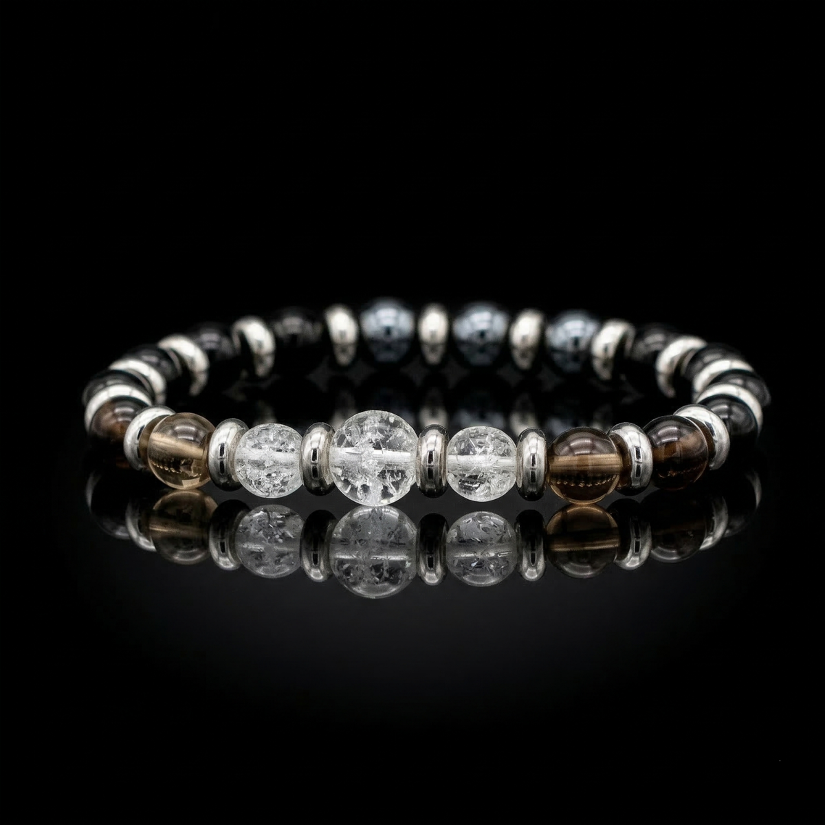 Men's Business Mastery Bracelet: Black Obsidian, Smoky Quartz, Hematite, Clear Quartz and Silver Steel