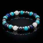 Men's Prosperity and Clarity Beaded Bracelet with Lapis Lazuli, Belomorite (Moonstone), Hematite, Turquoise and Silver Steel