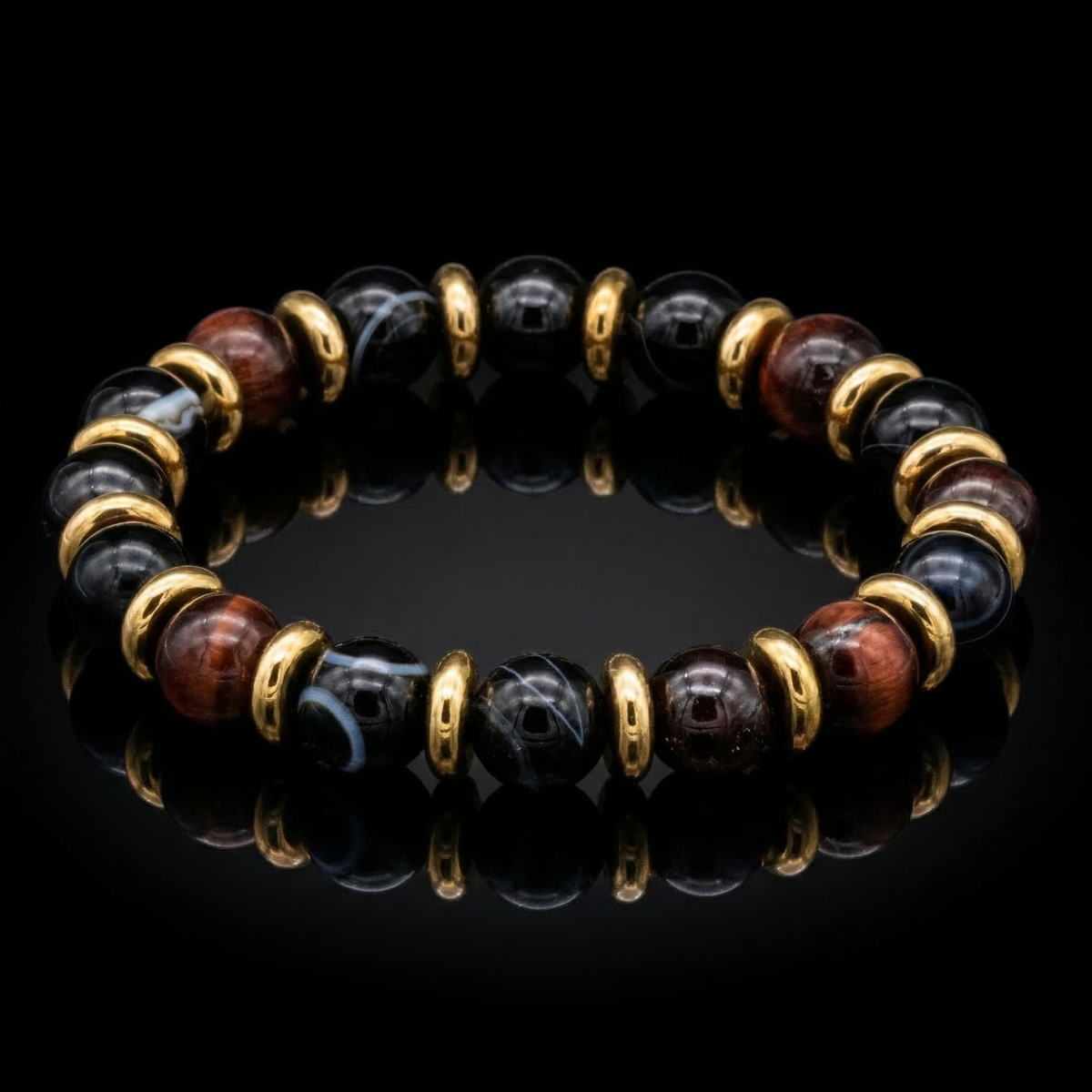 Men's Vitality and Balance Bracelet: Almandine Garnet, Eye Agate, Red Tiger Eye and Gold