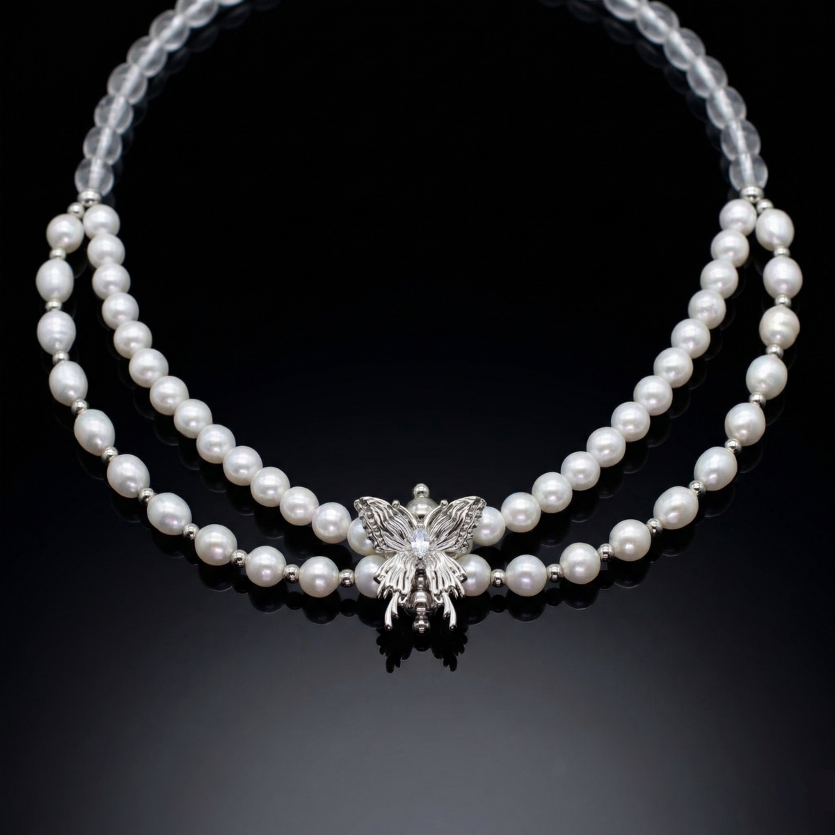 Women's Pearl & Clear Quartz Butterfly CZ Charm Necklace – Inner Balance, Focus & Feminine Power