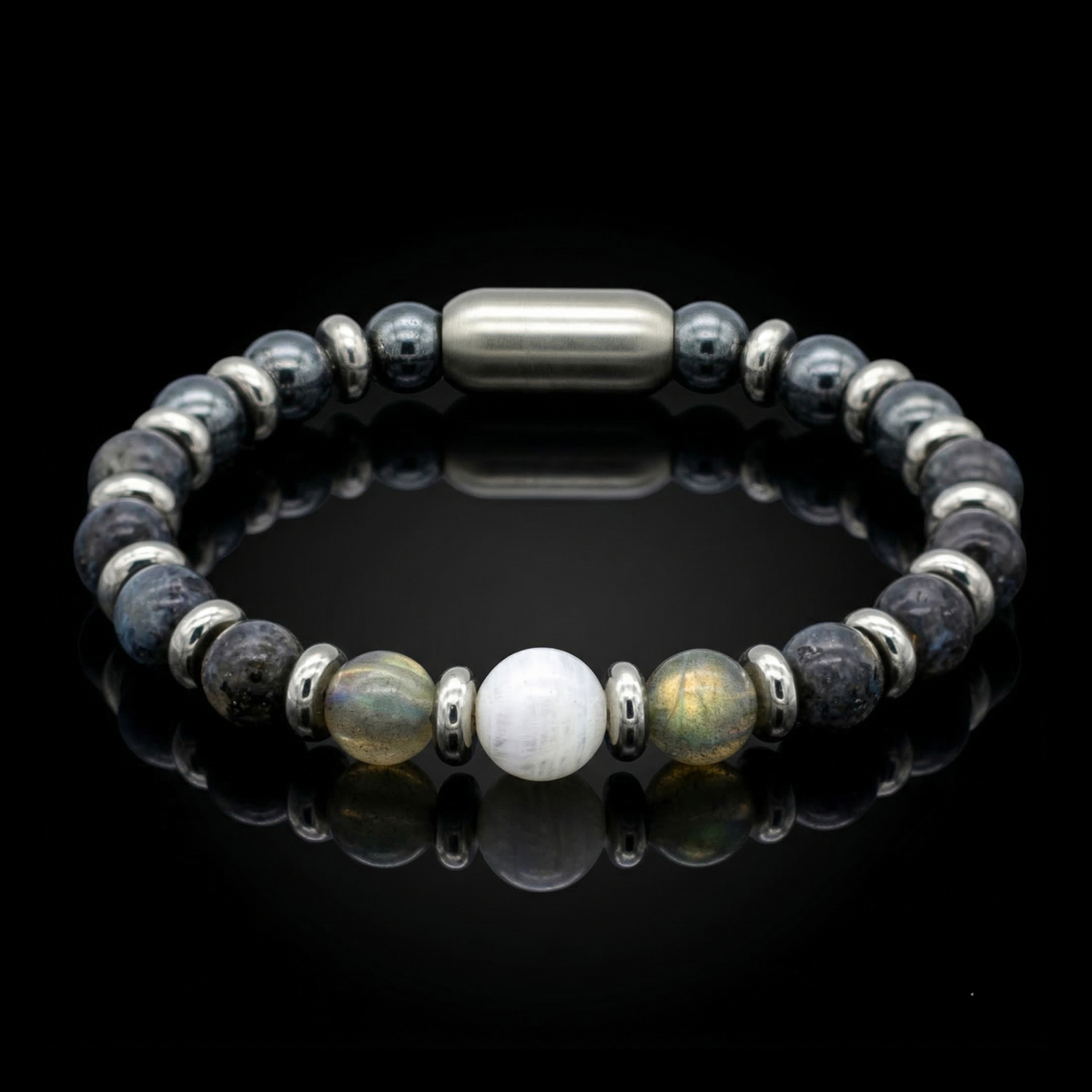 Men's Growth and Protection Bracelet: Belomorite (Moonstone), Larvikite, Hematite, Labradorite and Silver