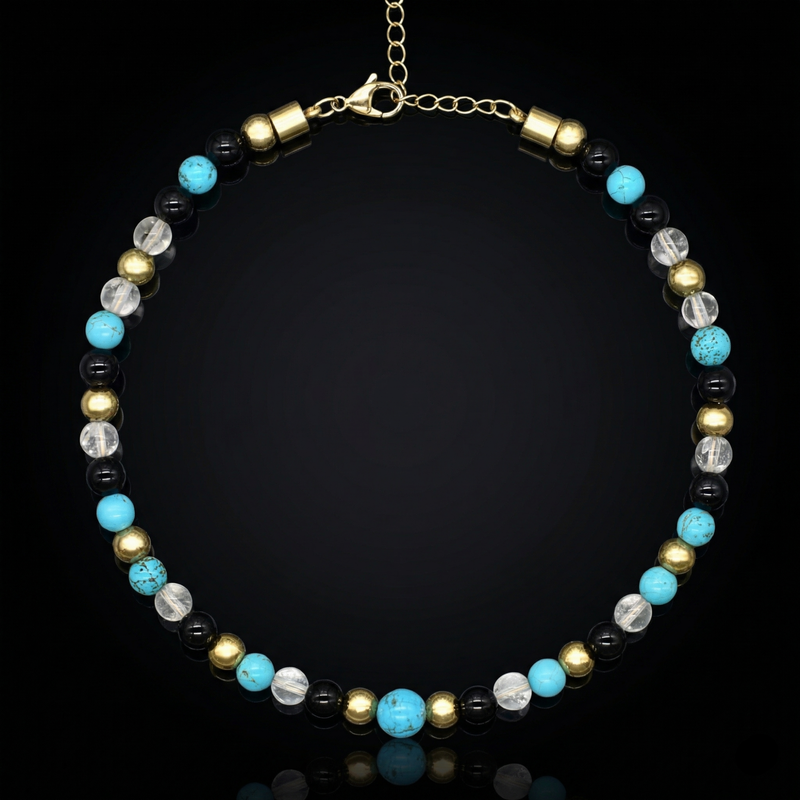 Women's Protection and Clarity Choker with Turquoise, Clear Quartz, Onyx and Gold