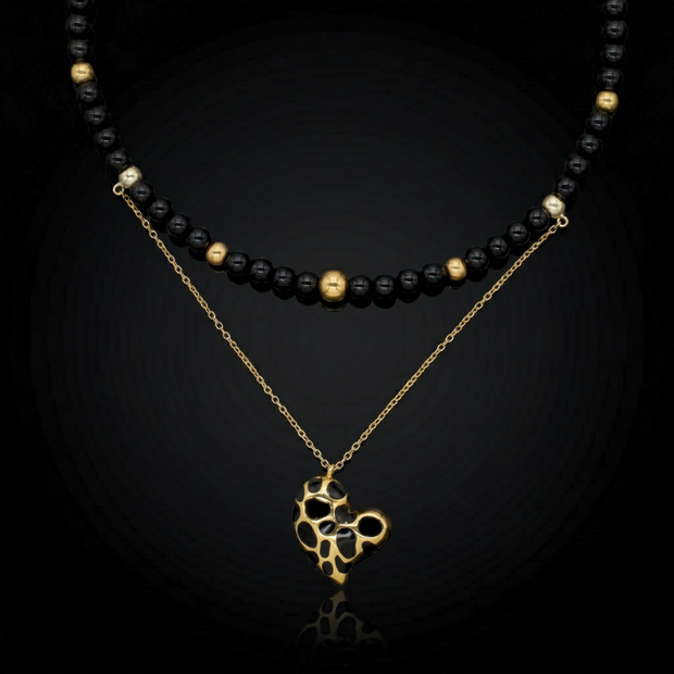 Women's Protective Choker with Onyx, Black Tourmaline & Gold Heart Pendant