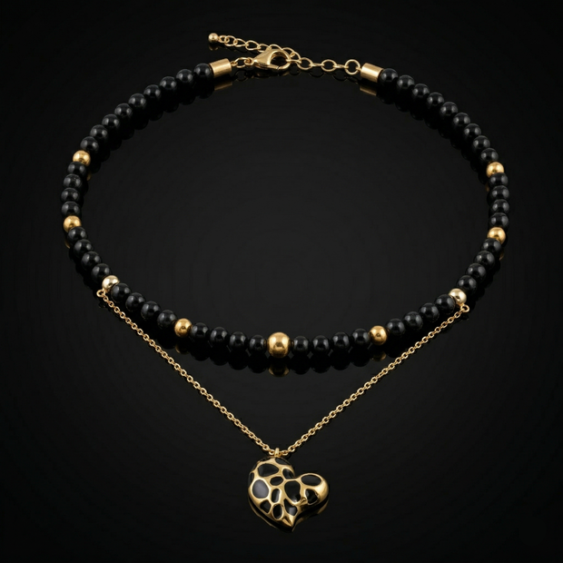 Women's Protective Choker with Onyx, Black Tourmaline & Gold Heart Pendant