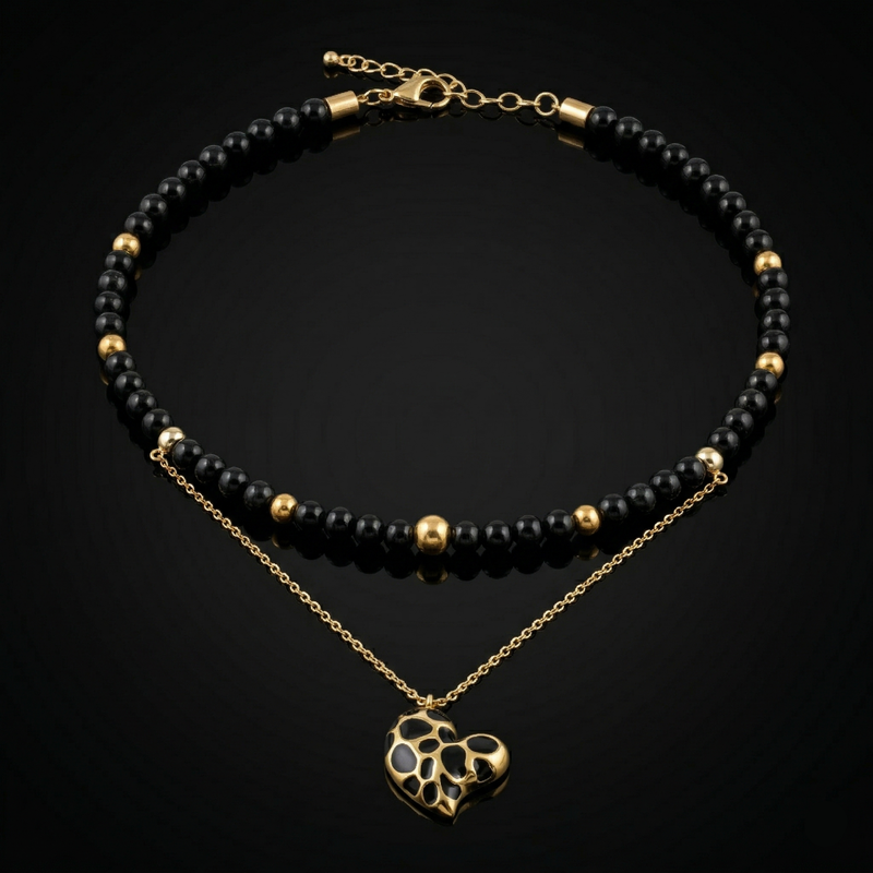 Women's Protective Choker with Onyx, Black Tourmaline & Gold Heart Pendant