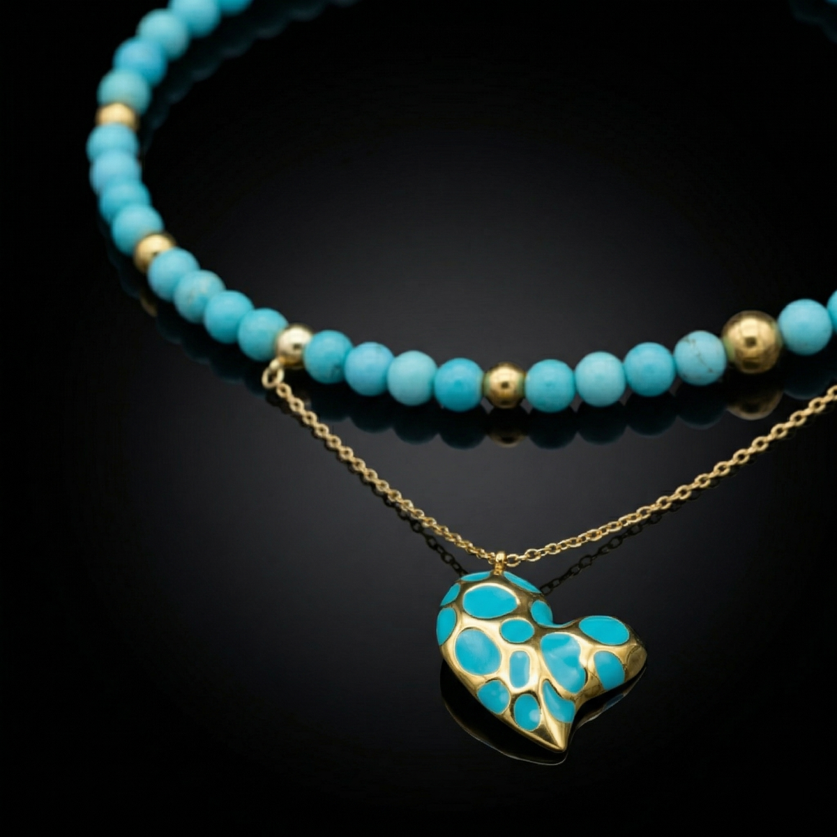 Women's Turquoise Choker for Protection & Creativity with Gold Heart Pendant