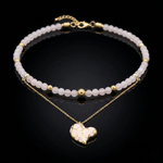 Women's Rose Quartz Choker Necklace for Love & Confidence with Gold Heart Pendant