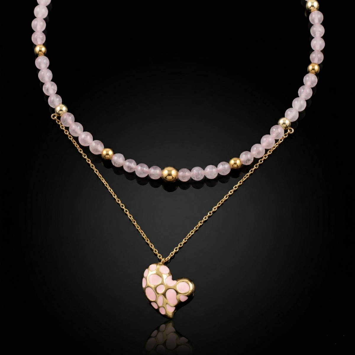 Women's Rose Quartz Choker Necklace for Love & Confidence with Gold Heart Pendant