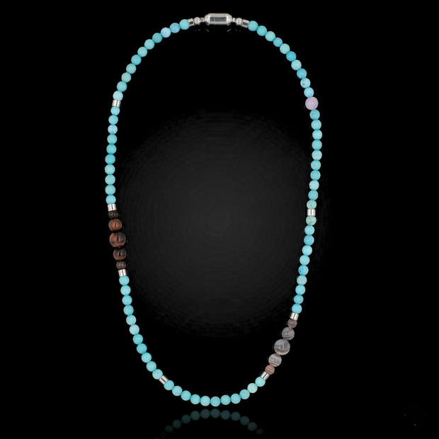 Men's Beaded Necklace for Protection and Confidence with Turquoise, Botswana Agate, Red Tiger Eye and Silver