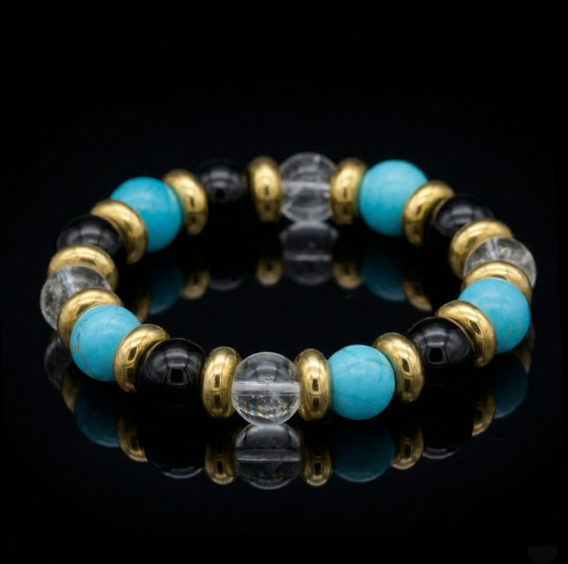 Women's Balance and Brilliance Bracelet with Turquoise, Clear Quartz, Onyx & Gold