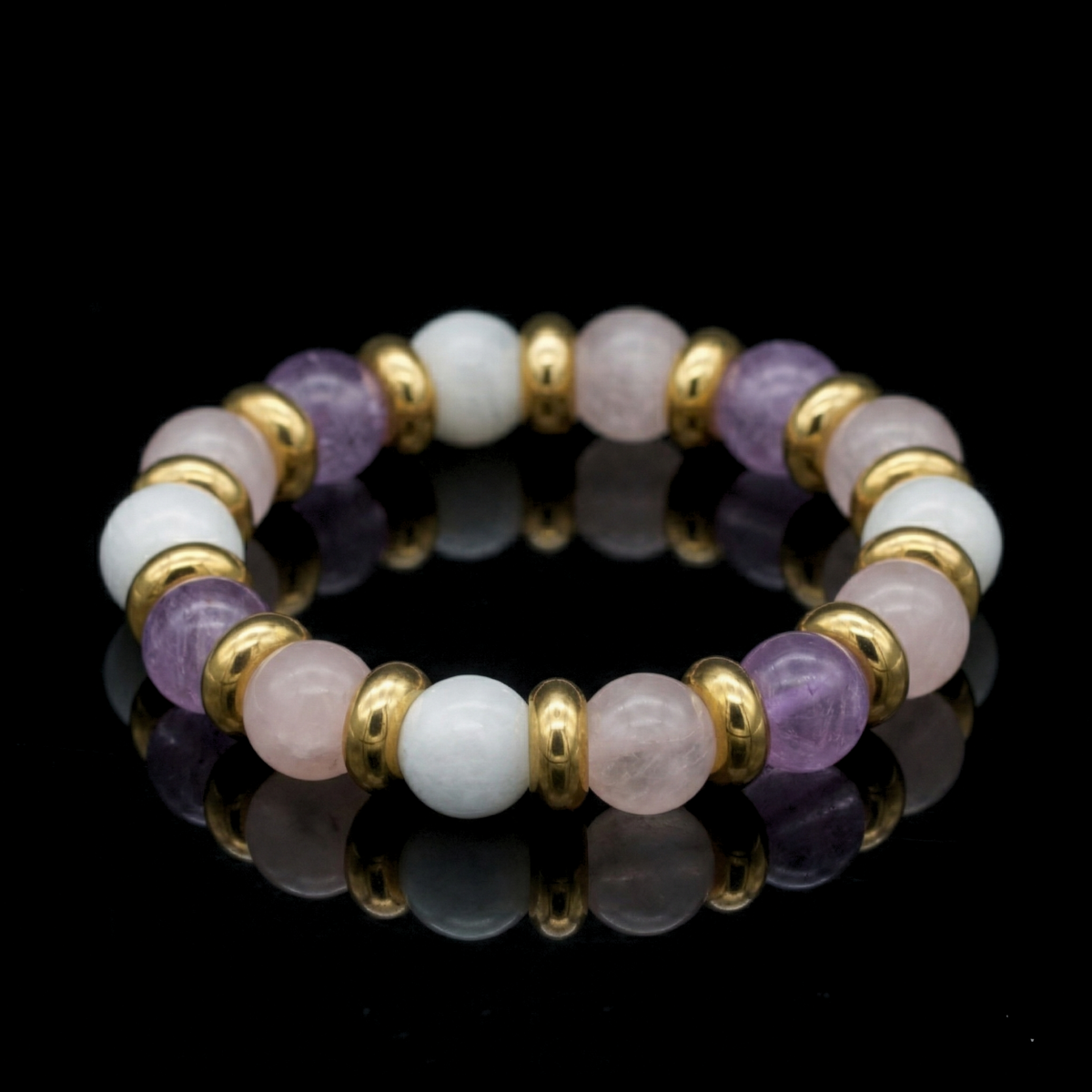 Women's Bracelet for Inner Peace with Rose Quartz, Amethyst & Moonstone in Gold