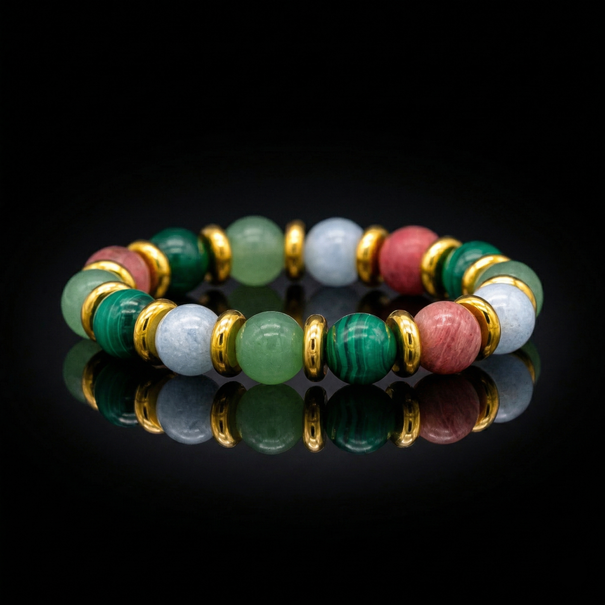 Women's Love & Harmony Bracelet: Rhodochrosite, Malachite, Green Aventurine, Aquamarine and Gold