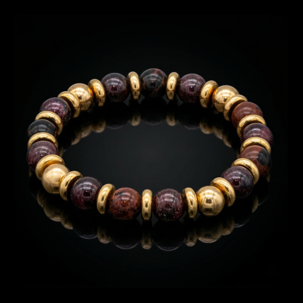 Women's Wristband for Empowering with Almandine Garnet, Mahogany Obsidian and Gold