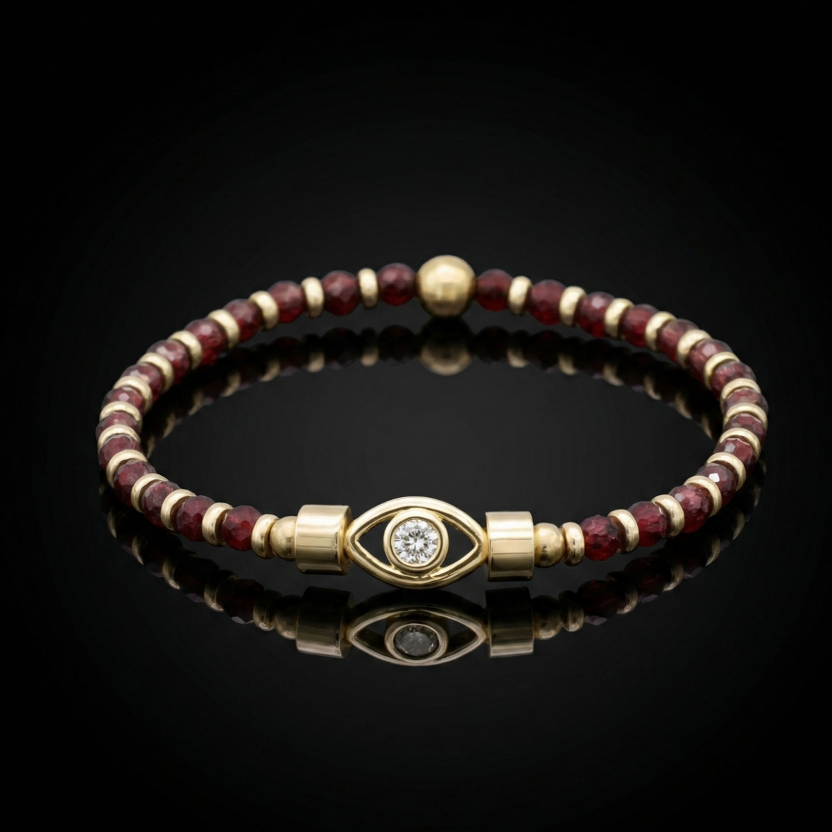 Women’s Protection & Power Red Pyrope Garnet Wristband with Evil Eye CZ Charm and Gold
