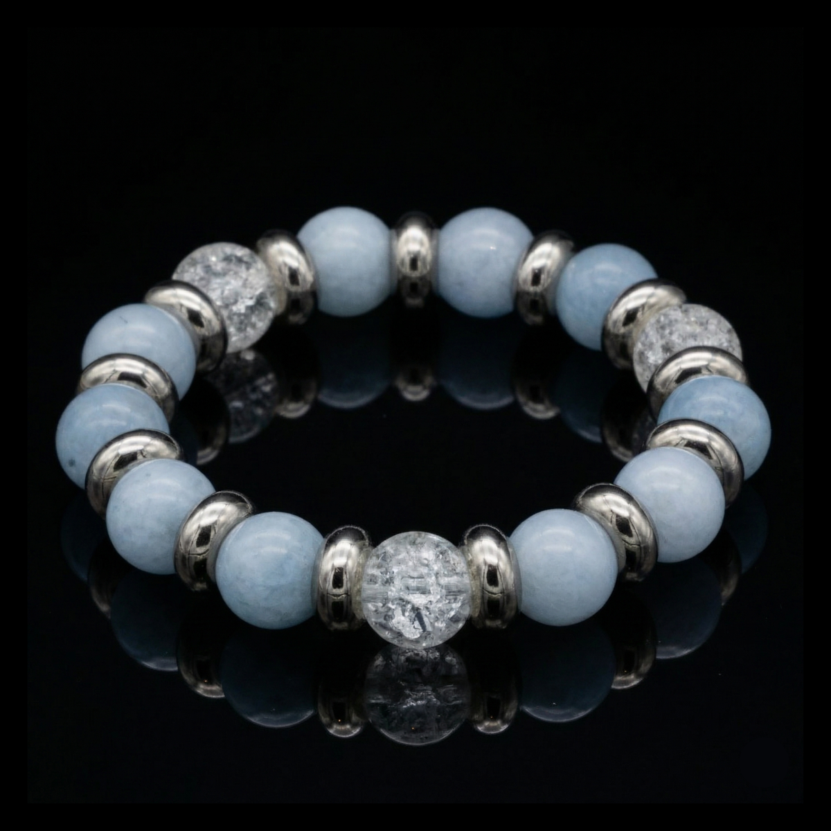 Women's Calming Wisdom Beaded Bracelet with Aquamarine, Clear Quartz and Silver