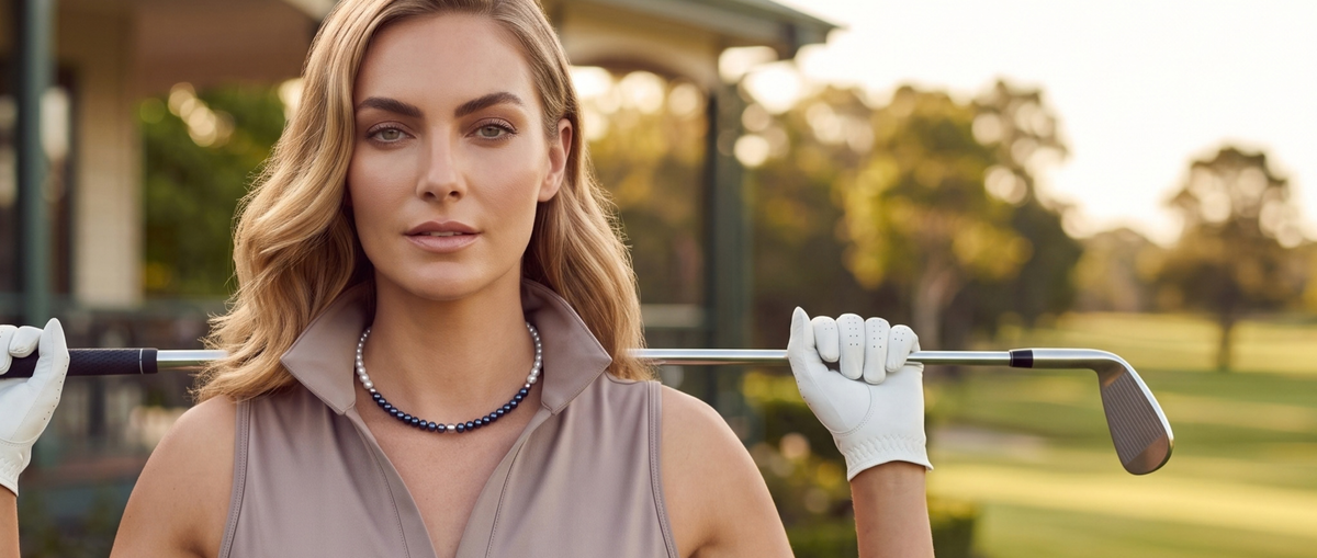 Model wearing an Alfabeads white and black pearl choker on a golf course.