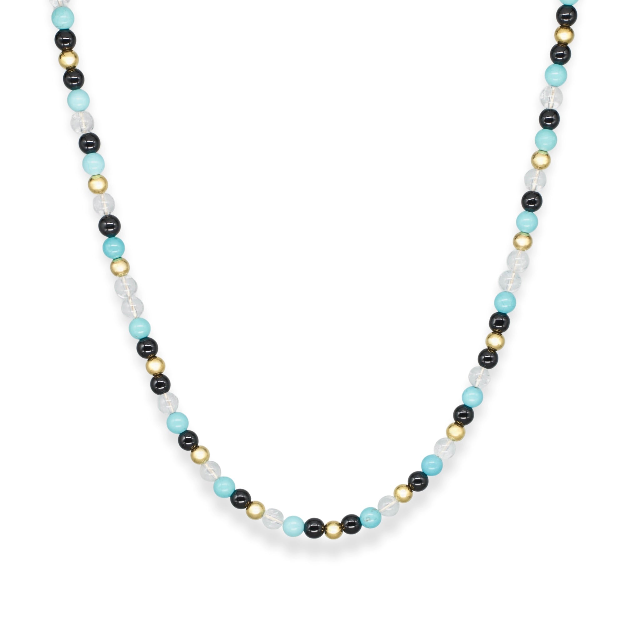 Men's beaded necklace with turquoise, clear quartz, and onyx on white background