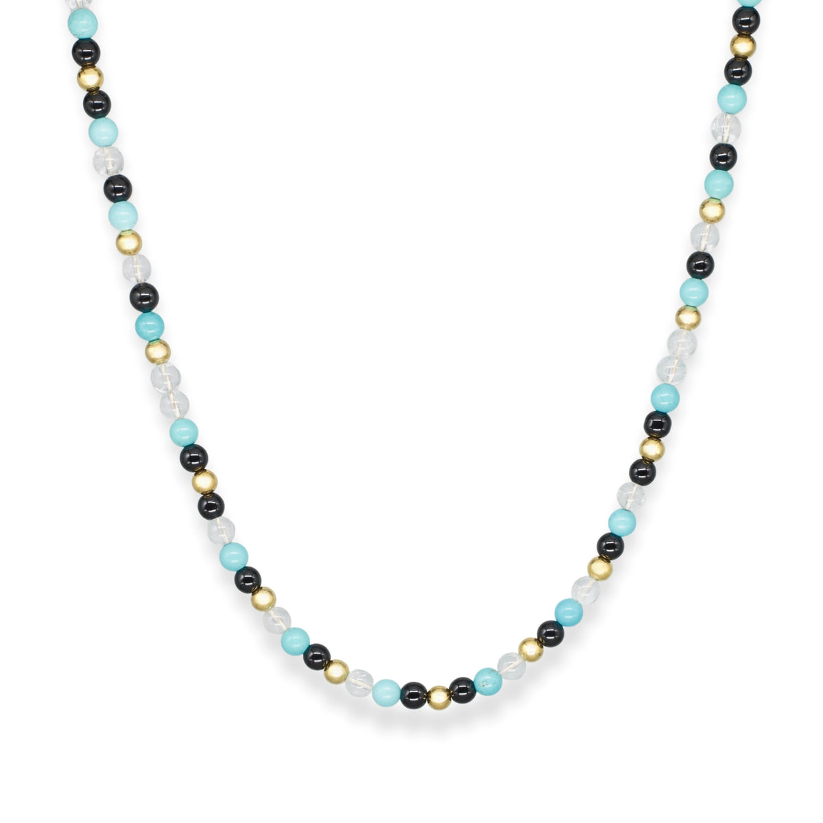Men's beaded necklace with turquoise, clear quartz, and onyx on white background