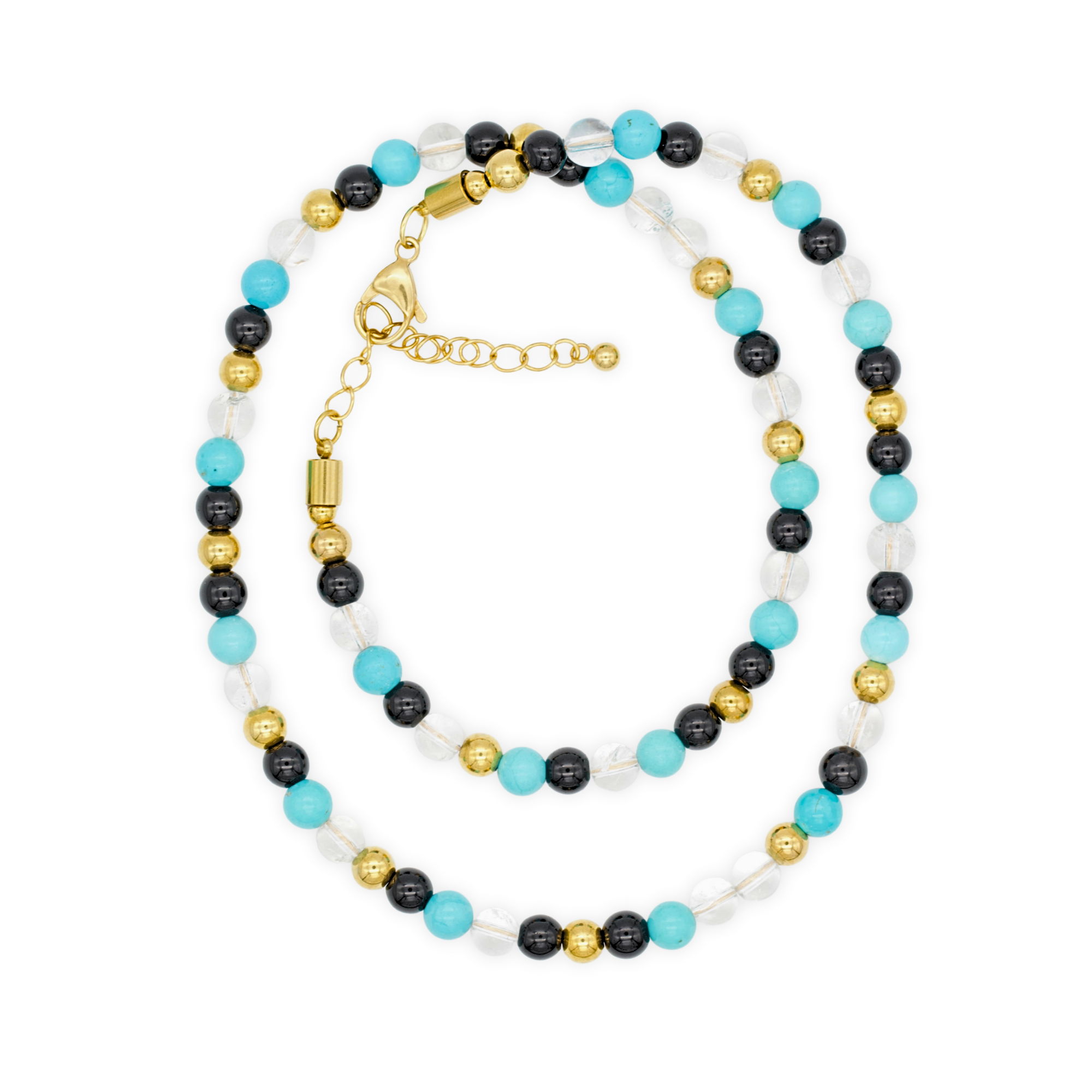 Men's necklace with turquoise, clear quartz, and onyx styled with suit