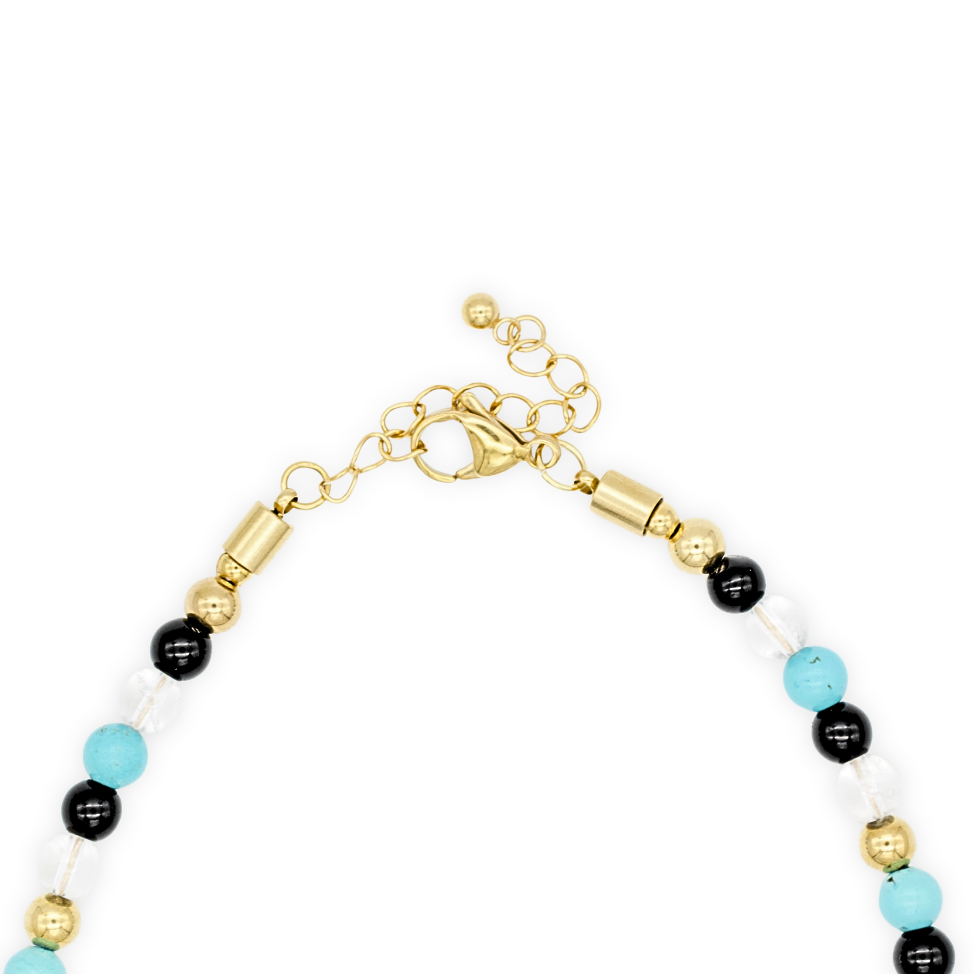 Men's beaded necklace with turquoise, clear quartz, onyx, and gold clasp details