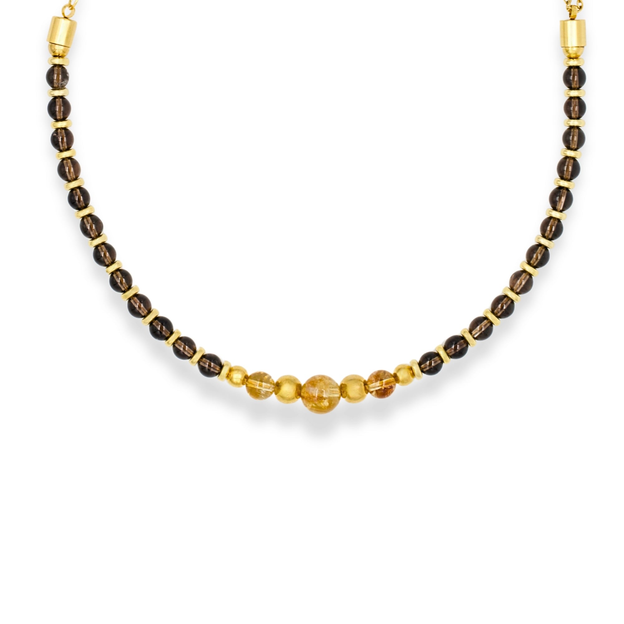 Men's smoky quartz and citrine beaded necklace with gold chain on white background