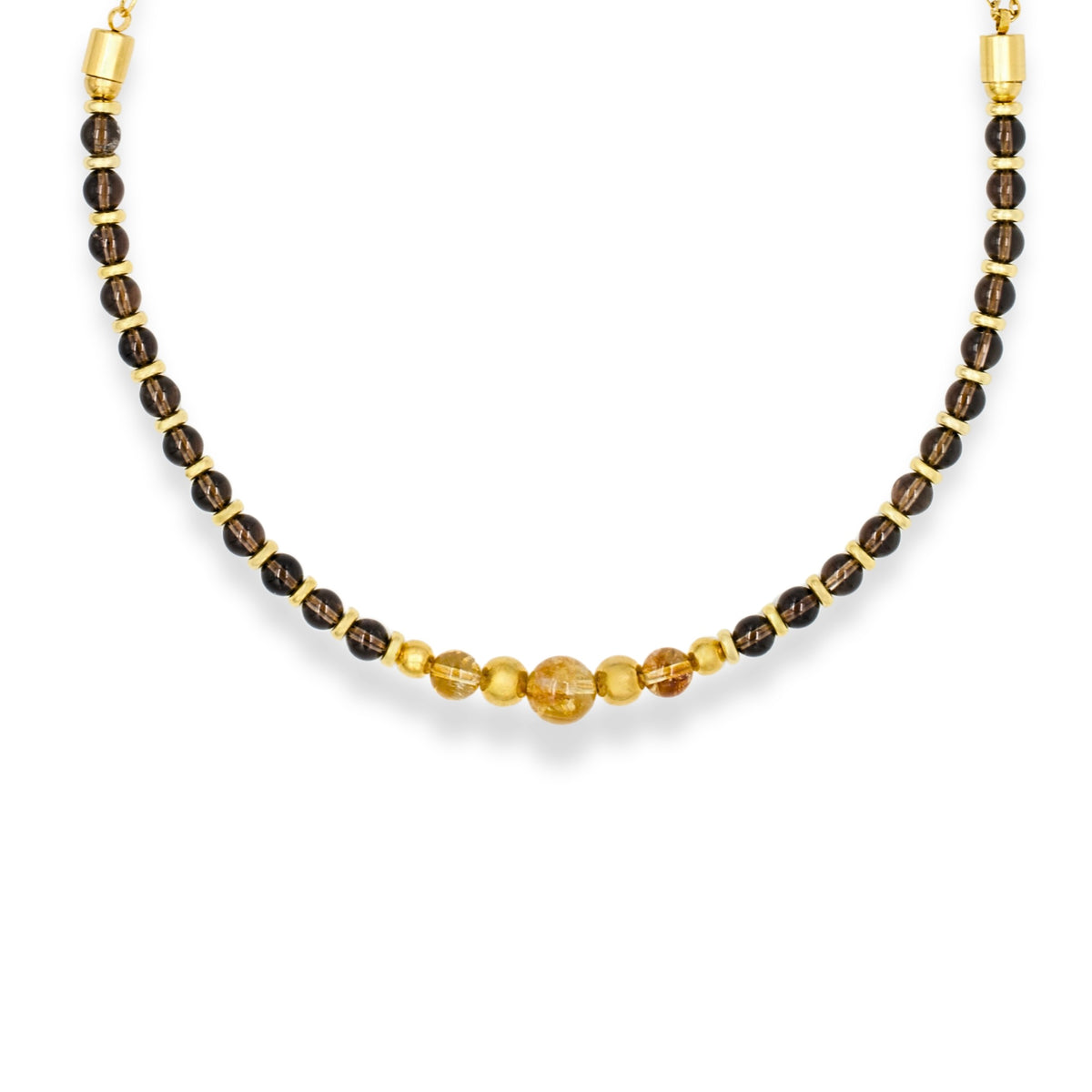 Men's smoky quartz and citrine beaded necklace with gold chain on white background