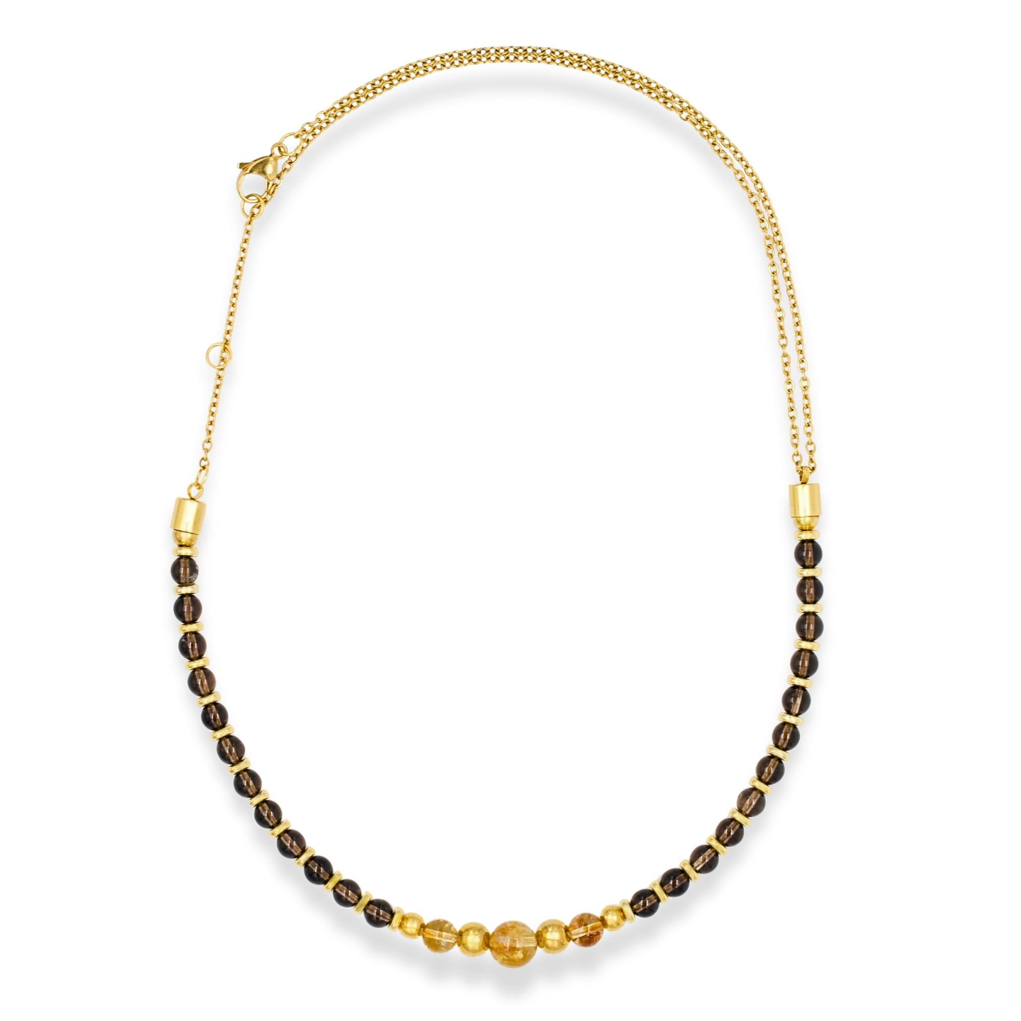 Close-up of smoky quartz and citrine beads in men's gold necklace