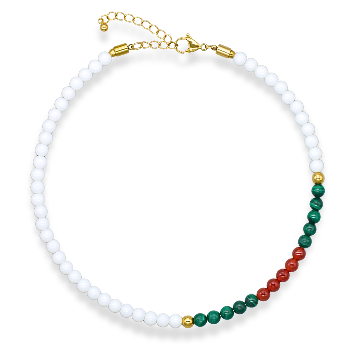 Women's Confidence & Transformation Choker Necklace with White Agate, Malachite, Carnelian and Gold