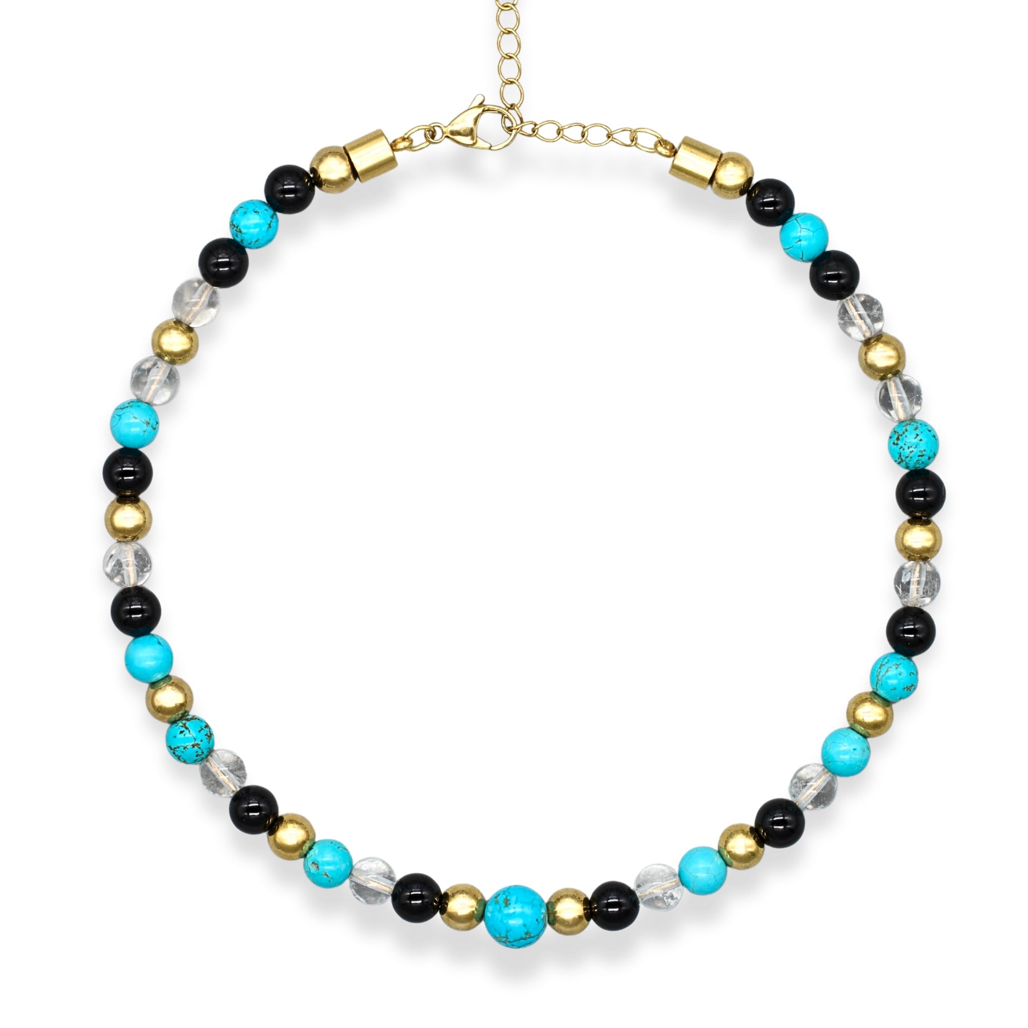 Women's turquoise, clear quartz, and onyx choker necklace on white background