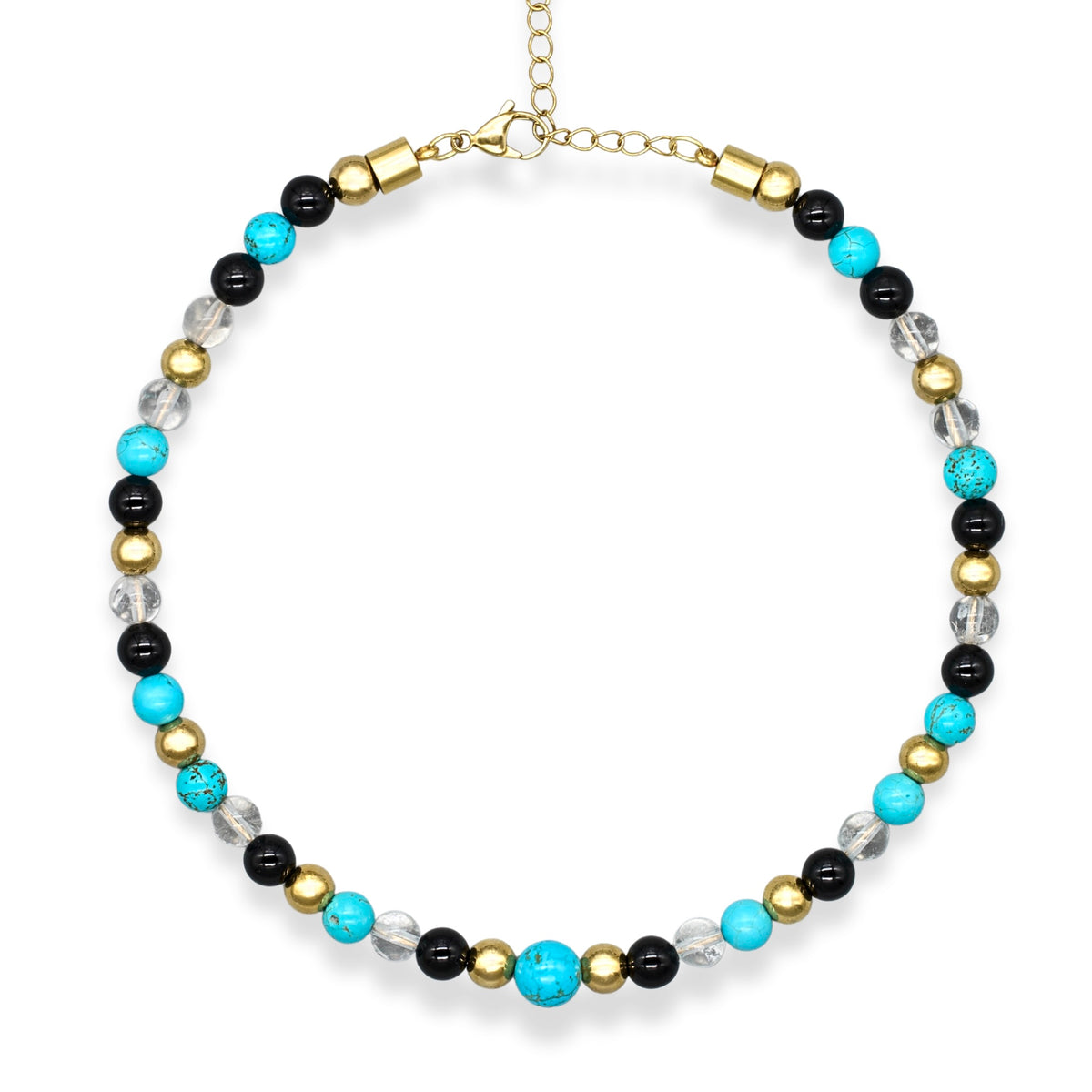 Women's turquoise, clear quartz, and onyx choker necklace on white background