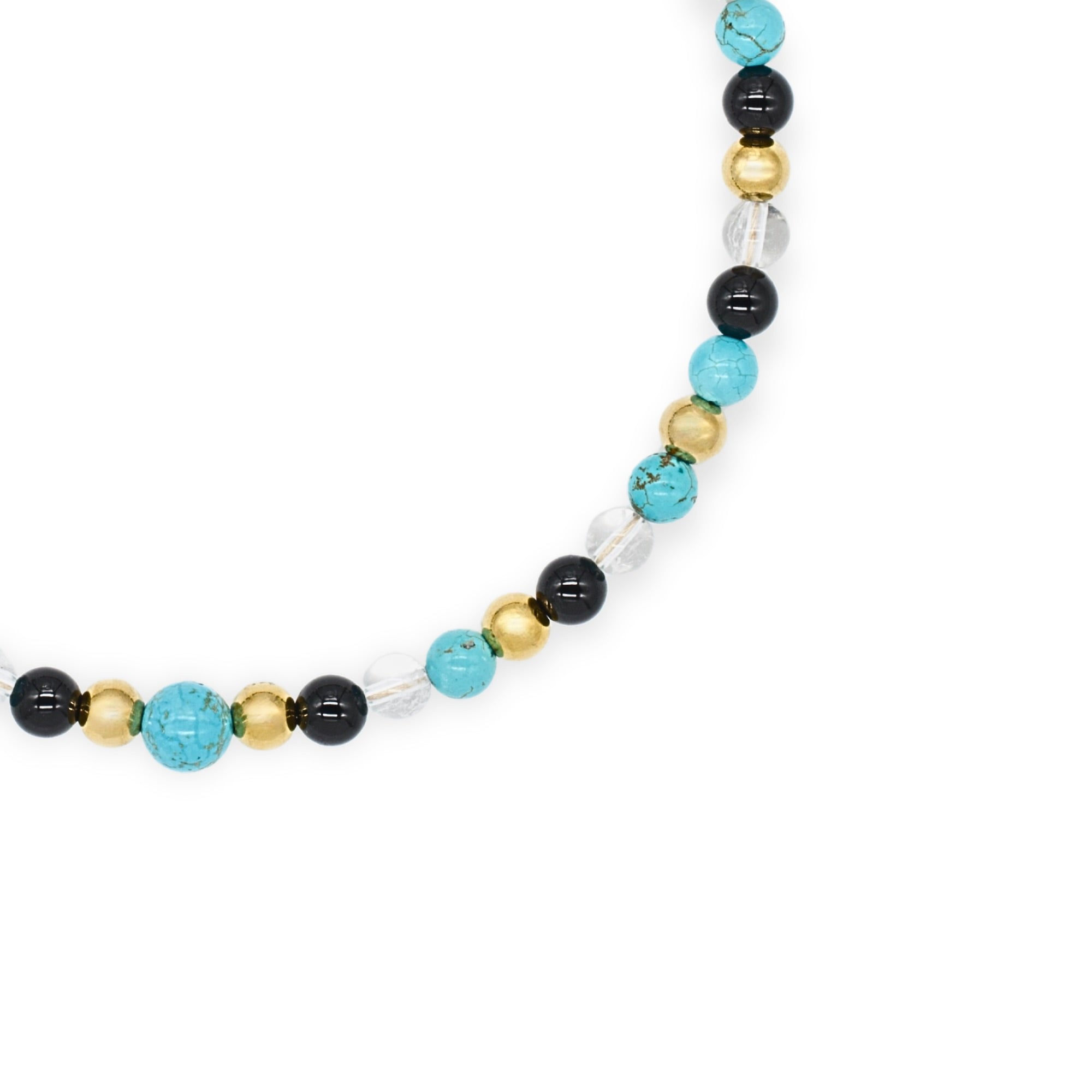 Model wearing women's gemstone choker with turquoise, clear quartz, and onyx