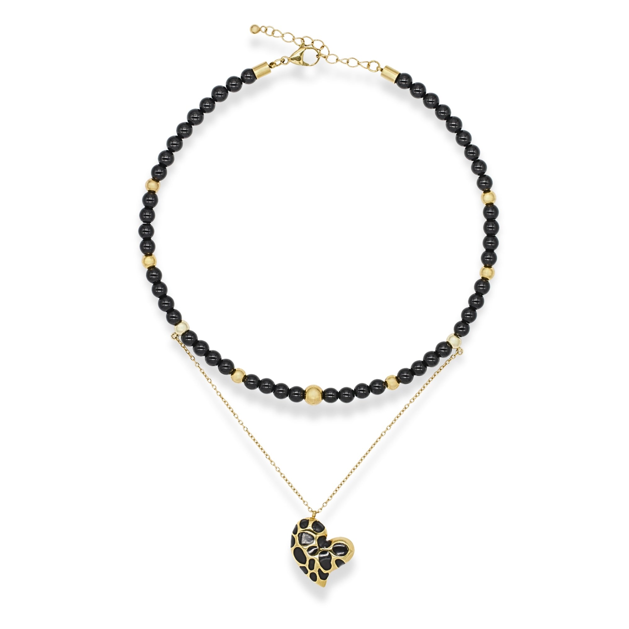 Women's beaded choker necklace with onyx, black tourmaline, gold chain, and heart pendant