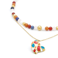 Women's beaded choker necklace with multicolored stones and gold heart pendant