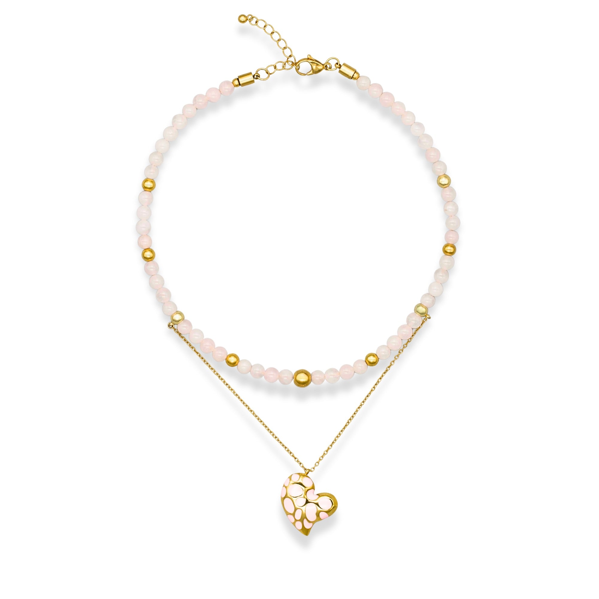 Women's rose quartz choker necklace with gold heart pendant on white background