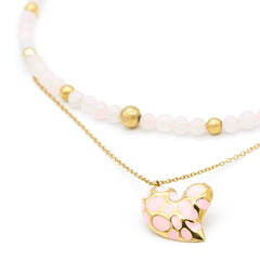 Rose quartz gemstone choker necklace with gold heart pendant details