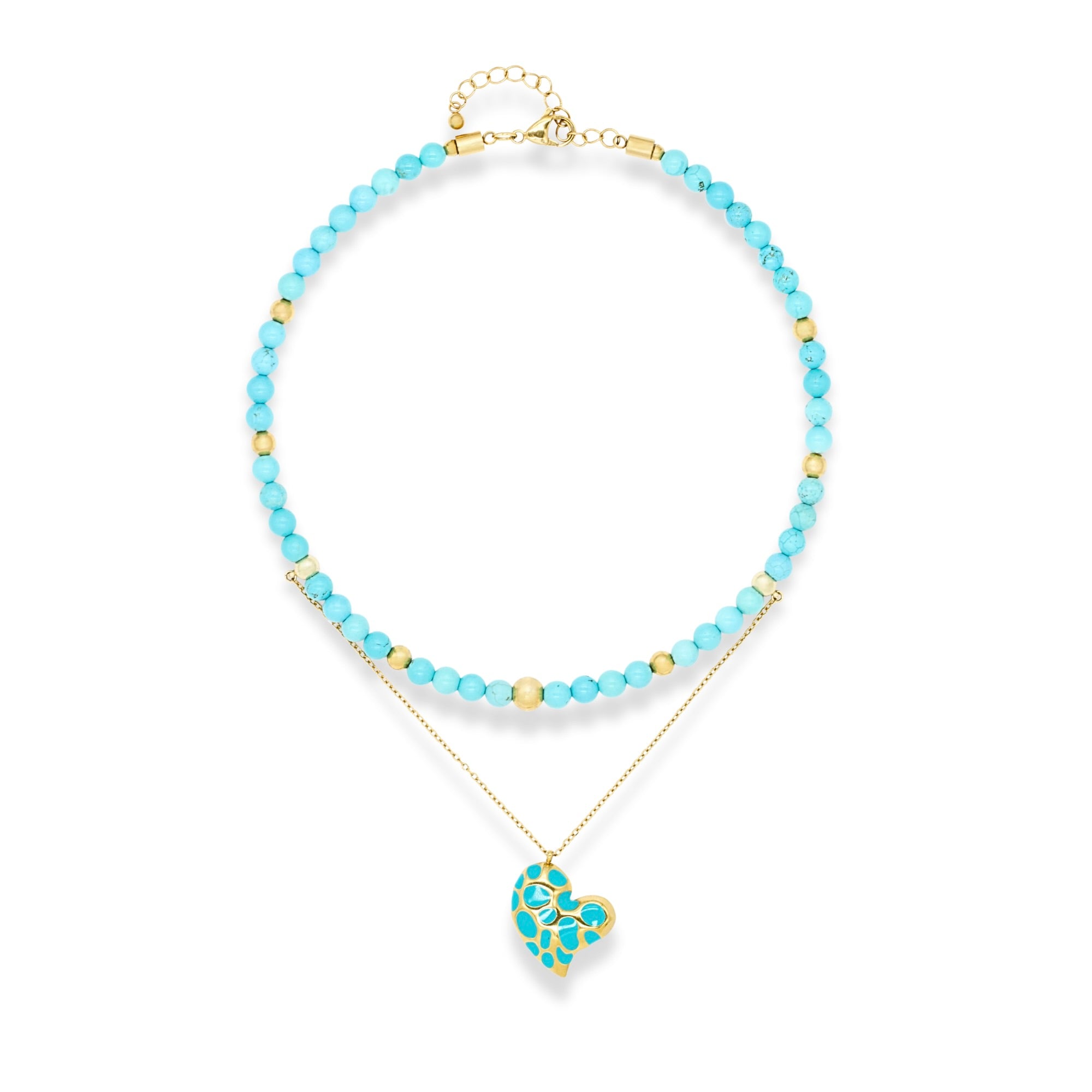 Women's turquoise choker necklace with gold heart pendant on white background