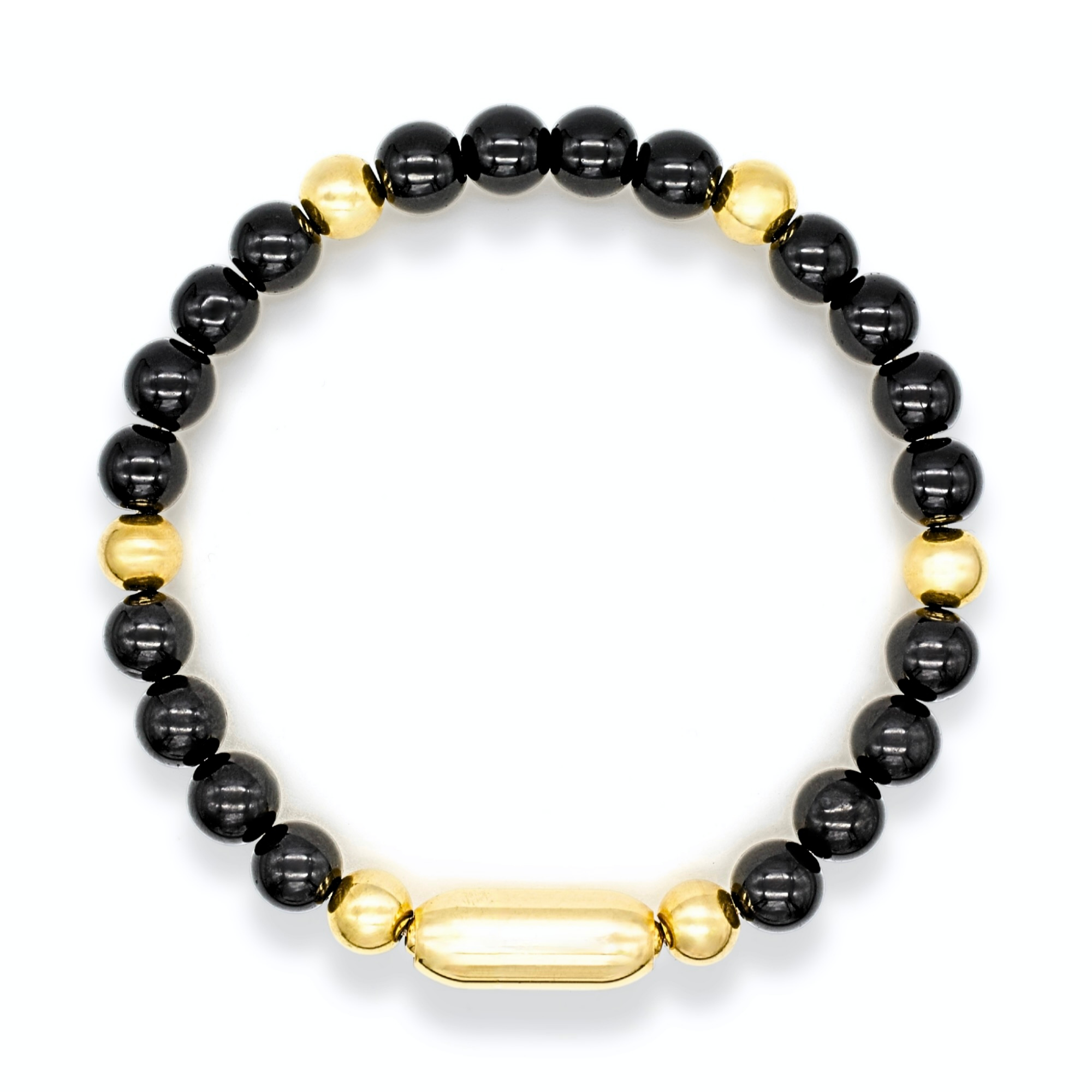 Close-up of onyx and black tourmaline beads bracelet gold details