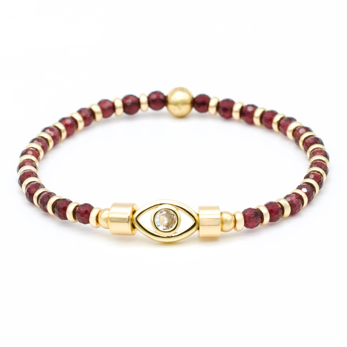 Women’s Protection & Power Red Pyrope Garnet Wristband with Evil Eye CZ Charm and Gold