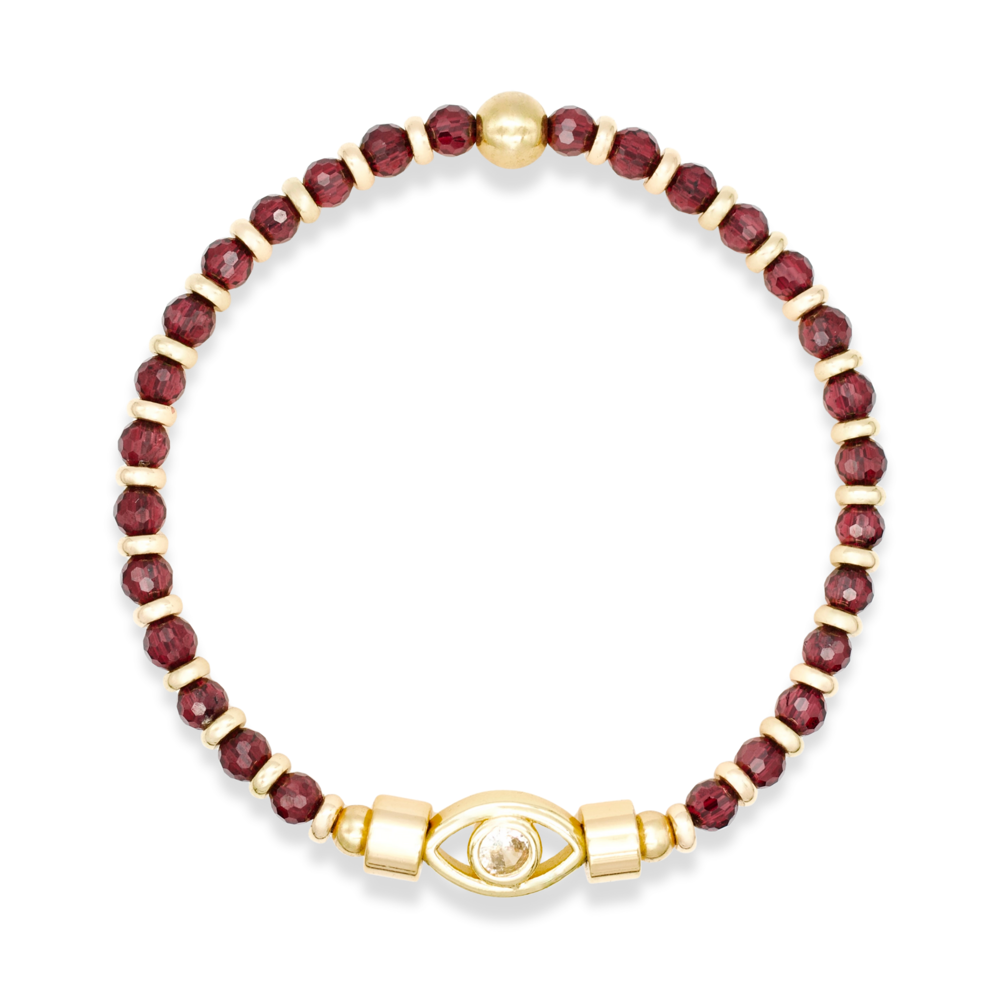 Close-up of garnet bracelet beads and CZ evil eye charm