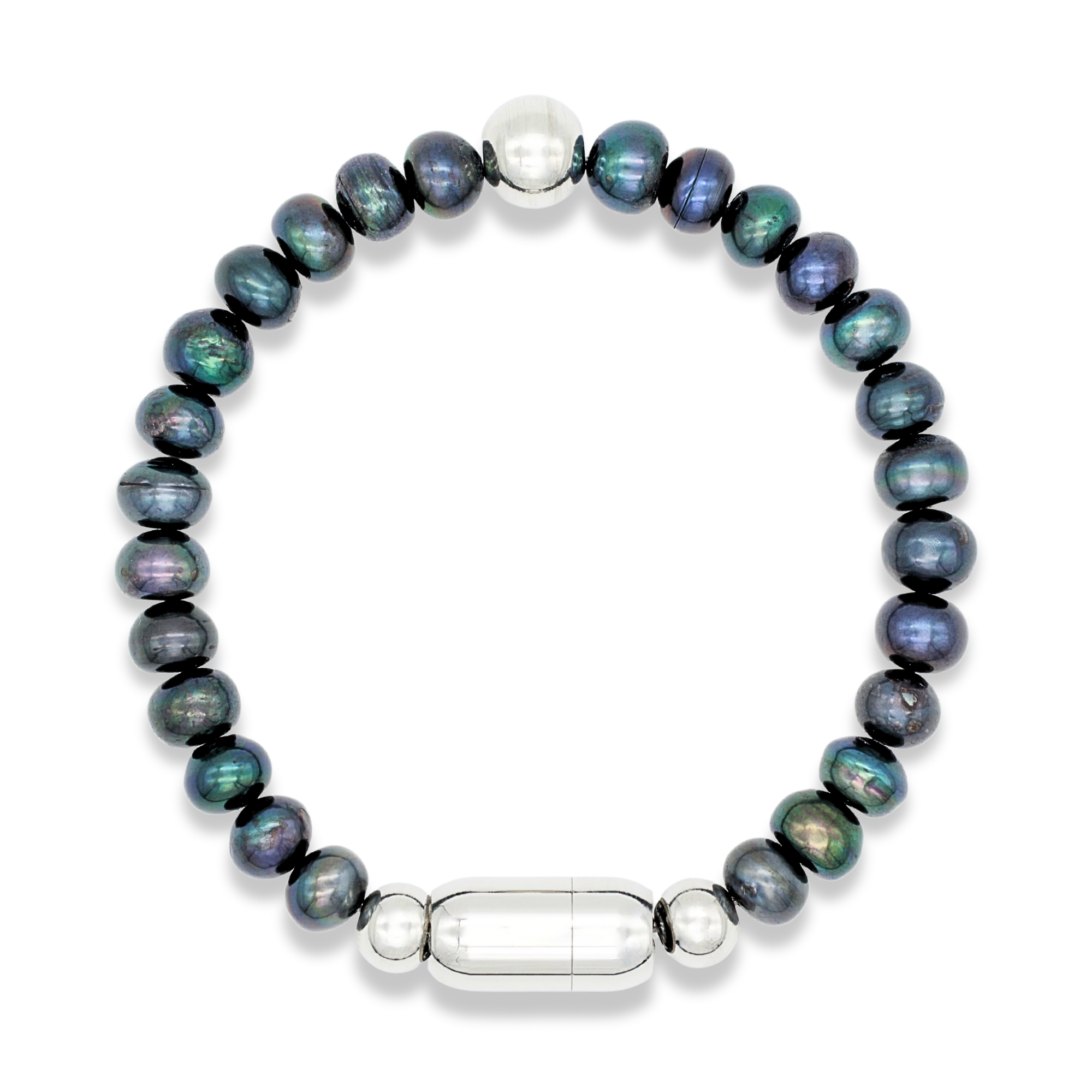 Close-up of black pearls and magnetic clasp