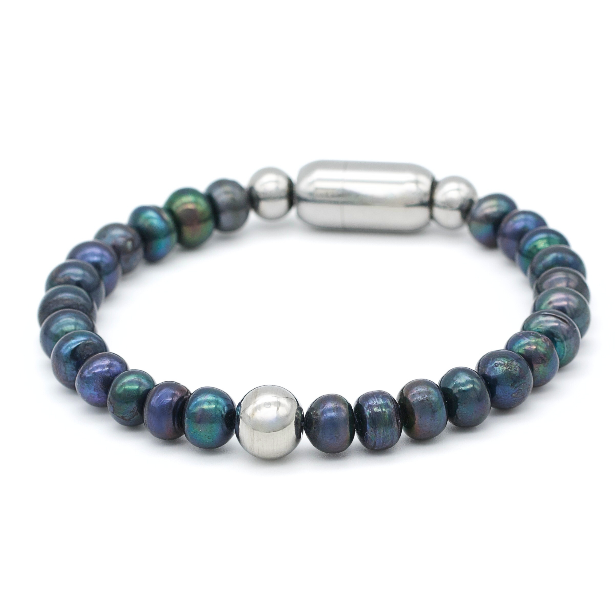 Men's black pearl bracelet on white background
