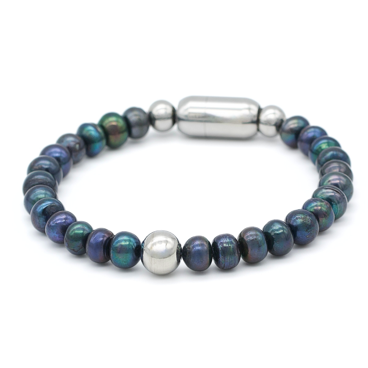 Men's black pearl bracelet on white background