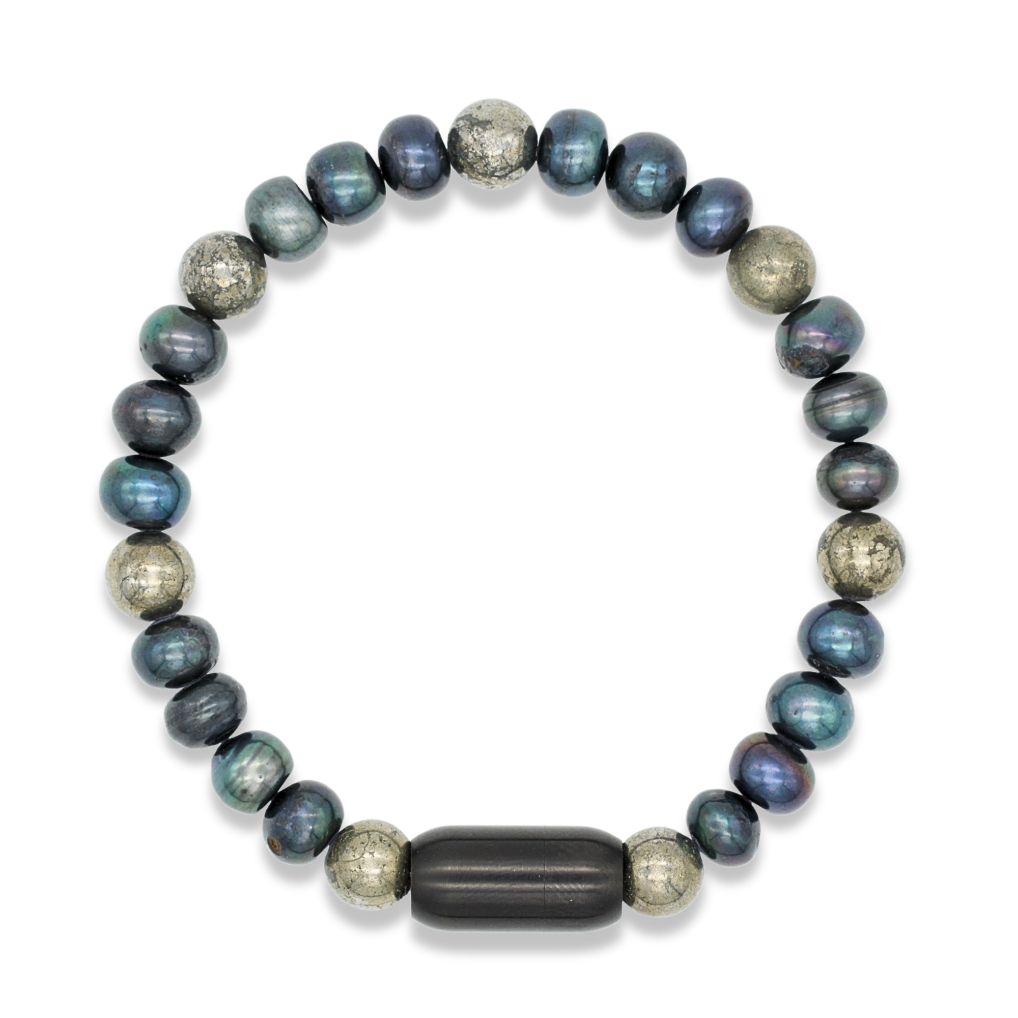 black pearl and pyrite bracelet with matte magnetic clasp – front view