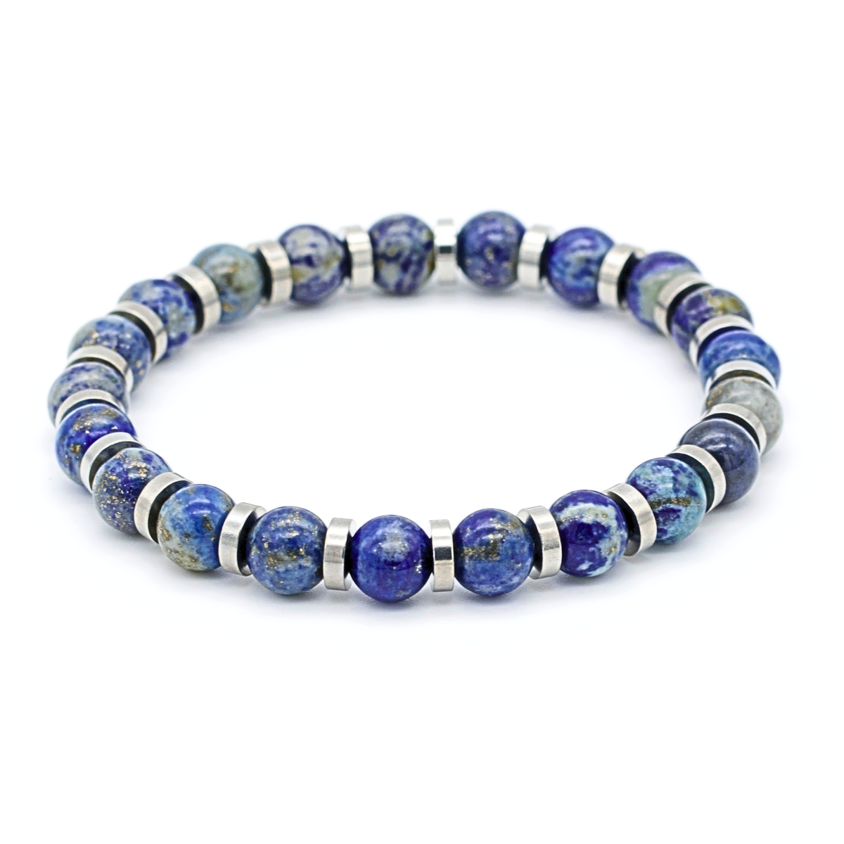 Blue lapis lazuli and silver beaded bracelet for men – top view