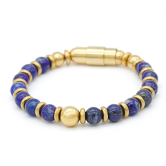 Close-up of gold and lapis bracelet for men